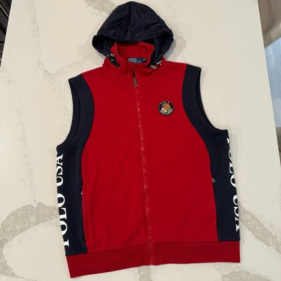 Polo Ralph Lauren Downhill Skier Double Knit Hooded Vest Cookie Men’s Large Red - Picture 1 of 11